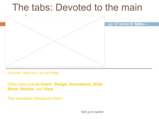 The tabs: Devoted to the main
tasks
Get up to speed
The Ribbon is made
up of several tabs—
the Home tab and
others.
Other tabs include Insert, Design, Animations, Slide
Show, Review, and View.
The animation introduces them.
Animation: Right-click, and click Play.
 