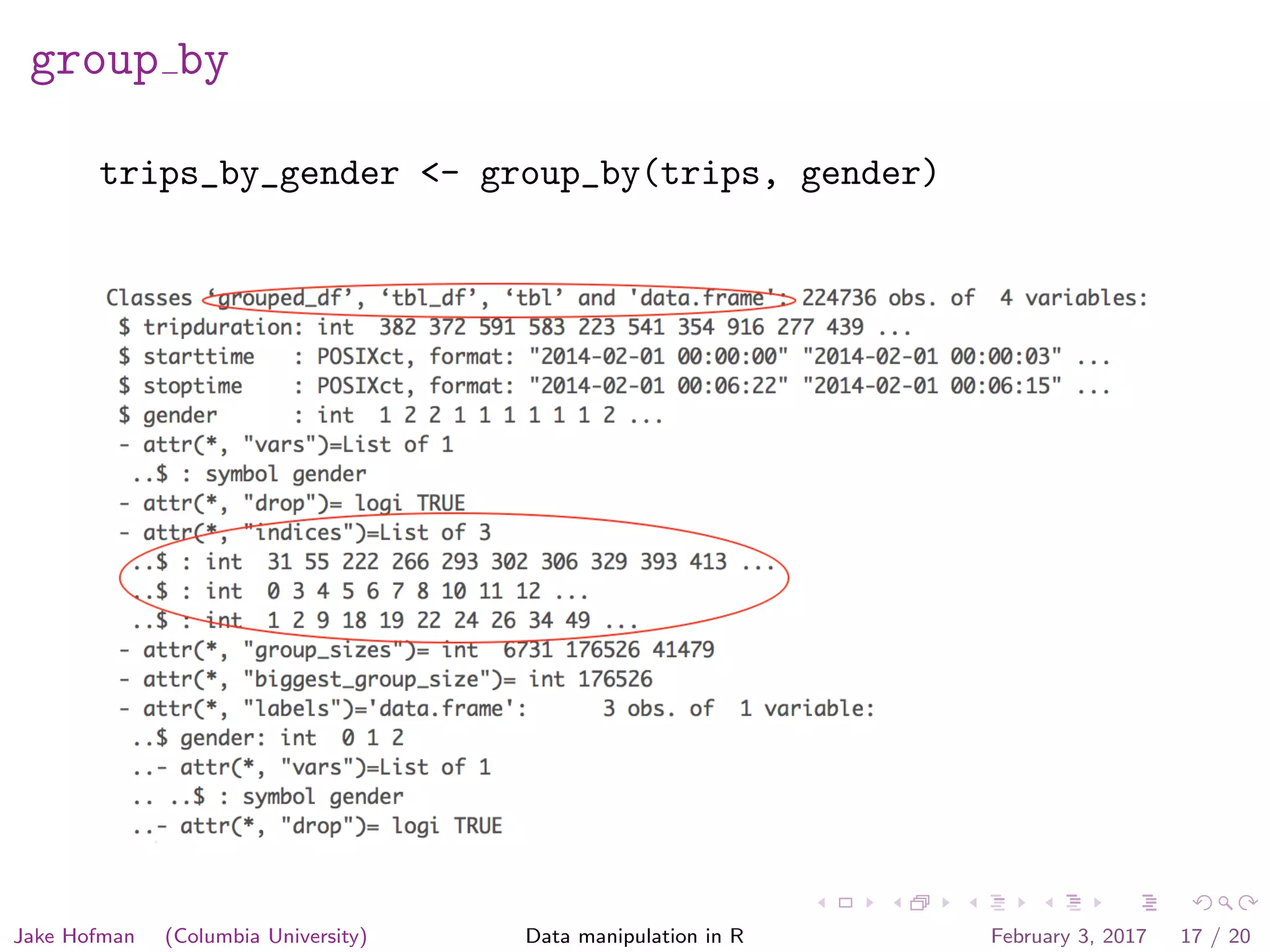 group by trips_by_gender <- group_by(trips, gender) Jake Hofman (Columbia University) Data manipulation in R February 3, 2017 17 / 20 