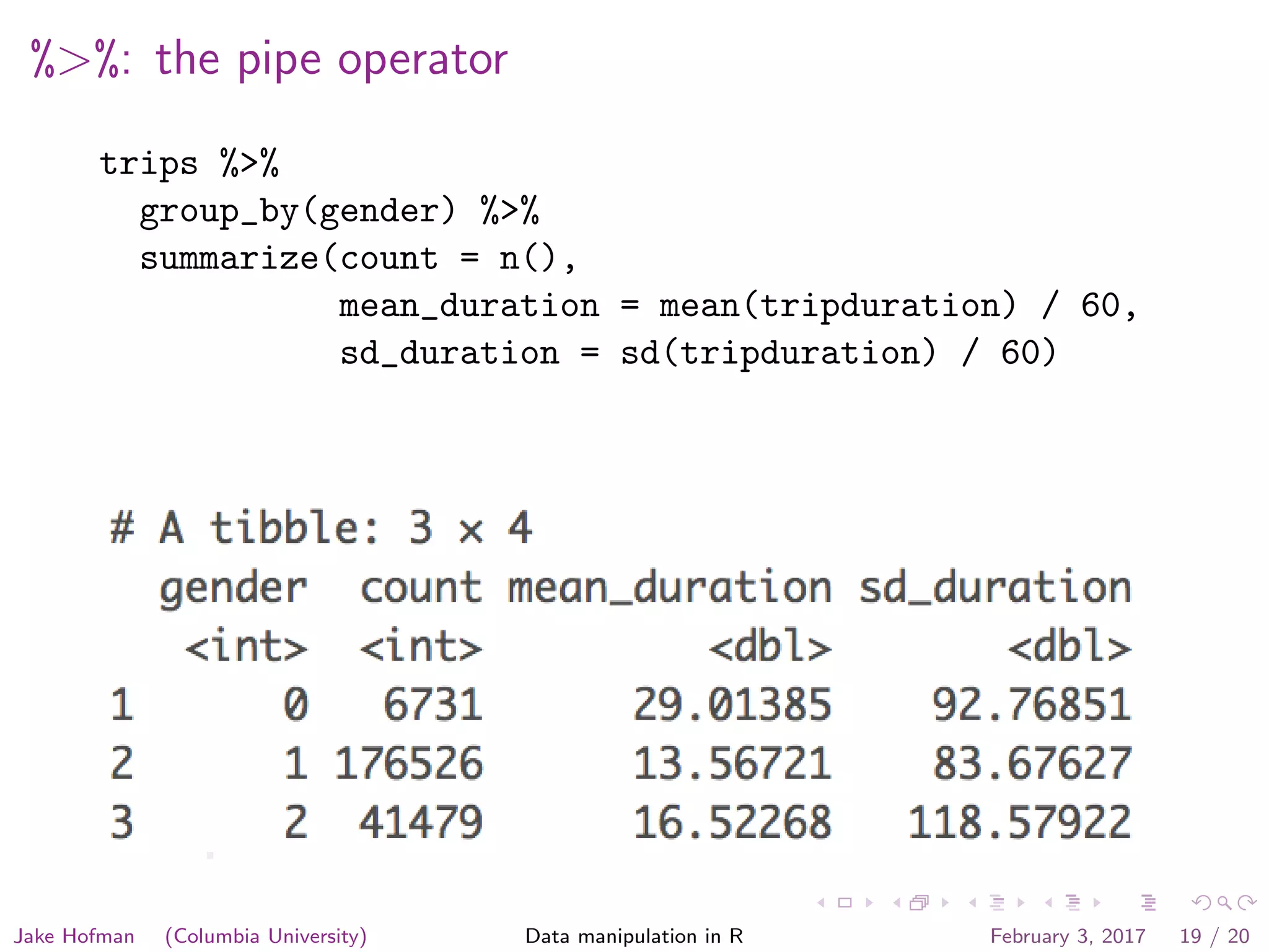 %>%: the pipe operator trips %>% group_by(gender) %>% summarize(count = n(), mean_duration = mean(tripduration) / 60, sd_duration = sd(tripduration) / 60) Jake Hofman (Columbia University) Data manipulation in R February 3, 2017 19 / 20 