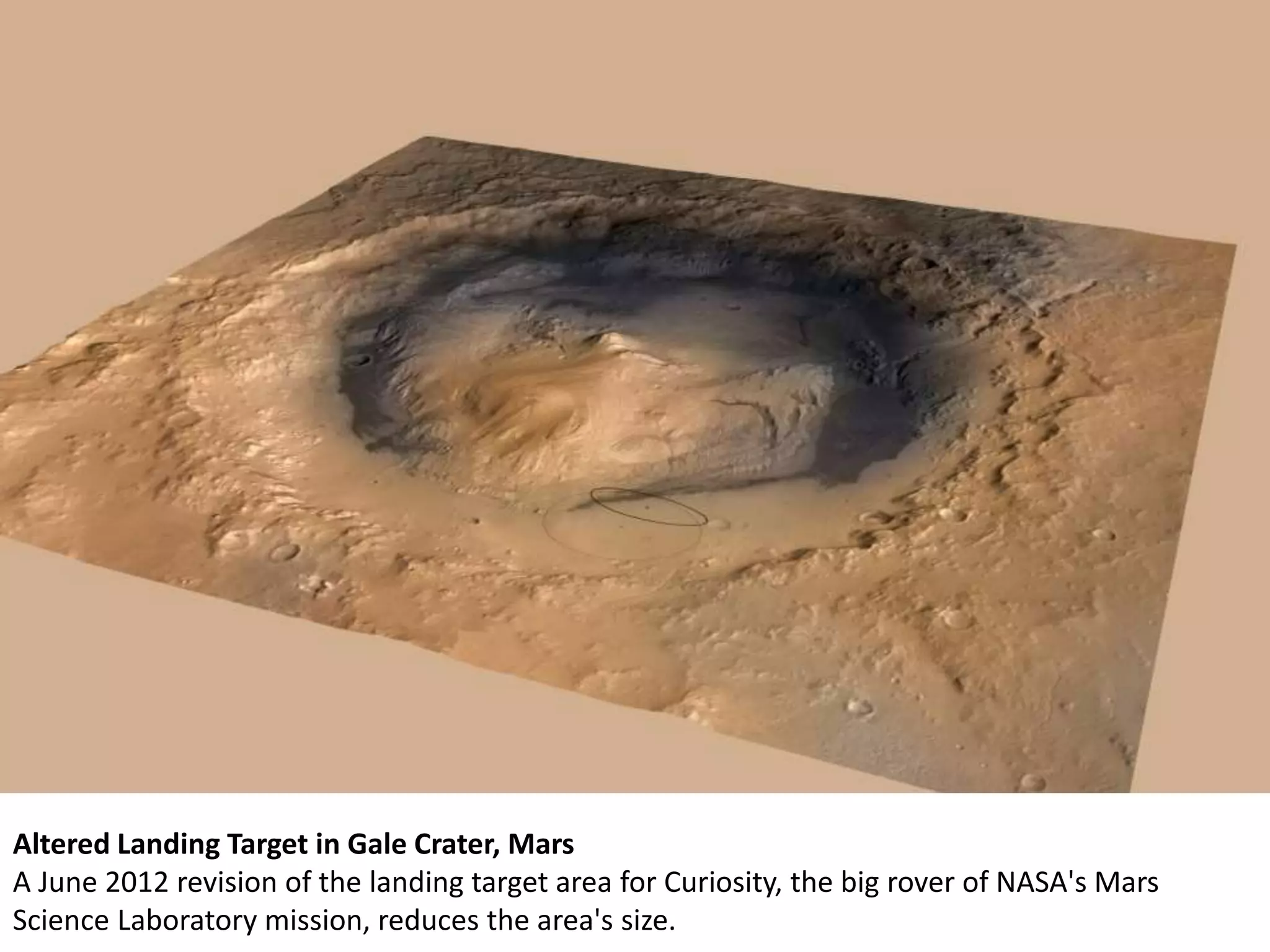 Altered Landing Target in Gale Crater, Mars
A June 2012 revision of the landing target area for Curiosity, the big rover of NASA's Mars
Science Laboratory mission, reduces the area's size.
 