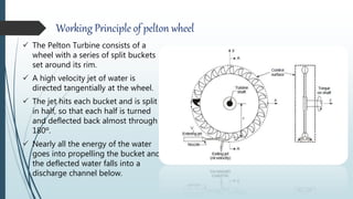 Working Principle of pelton wheel
 The Pelton Turbine consists of a
wheel with a series of split buckets
set around its rim.
 A high velocity jet of water is
directed tangentially at the wheel.
 The jet hits each bucket and is split
in half, so that each half is turned
and deflected back almost through
180º.
 Nearly all the energy of the water
goes into propelling the bucket and
the deflected water falls into a
discharge channel below.
 