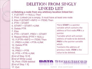 01/29/18 BY MS. SHAISTA QADIR 21
deletion from singlydeletion from singly
linked listlinked list
c) Deleting a node from any arbitrary location linked list :
1. If (START == NULL) Then
2. Print: Linked-List is empty. It must have at least one node
3. Else If (START->INFO == ITEM) Then
4. PTR = START
5. START = START->LINK
6. Delete PTR
7. Else
8. PTR = START, PREV = START
9. Repeat While (PTR != NULL)
10. If (PTR->INFO == ITEM) Then
11. PREV->LINK = PTR->LINK
12. Delete PTR
13. Else
14. PREV = PTR
15. PTR = PTR->LINK
[End of Step 10 If]
[End of While Loop]
16. Print: ITEM deleted
[End of Step 1 If]
17. Exit
•Here START is a pointer
variable which contains the
address of first node.PTR is a
pointer
•variable which will contain
address of node to be deleted.
PREV is the pointer variable
which
•contains the address of
previous node. ITEM is the
value to be deleted.
 