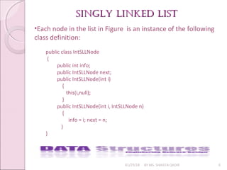 singly linked listsingly linked list
01/29/18 BY MS. SHAISTA QADIR 6
•Each node in the list in Figure is an instance of the following
class definition:
public class IntSLLNode
{
public int info;
public IntSLLNode next;
public IntSLLNode(int i)
{
this(i,null);
}
public IntSLLNode(int i, IntSLLNode n)
{
info = i; next = n;
}
}
 