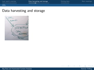 Last week’s exercise Data harvesting and storage Storing data Next meetings
APIs
Data harvesting and storage
Big Data and Automated Content Analysis Damian Trilling
 