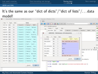 Last week’s exercise Data harvesting and storage Storing data Next meetings
JSON and XML
It’s the same as our “dict of dicts”/“dict of lists”/. . . data
model!
Big Data and Automated Content Analysis Damian Trilling
 