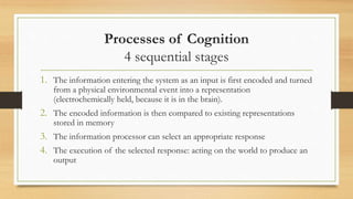 Processes of Cognition
4 sequential stages
1. The information entering the system as an input is first encoded and turned
from a physical environmental event into a representation
(electrochemically held, because it is in the brain).
2. The encoded information is then compared to existing representations
stored in memory
3. The information processor can select an appropriate response
4. The execution of the selected response: acting on the world to produce an
output
 