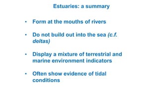 • Form at the mouths of rivers
• Do not build out into the sea (c.f.
deltas)
• Display a mixture of terrestrial and
marine environment indicators
• Often show evidence of tidal
conditions
Estuaries: a summary
 