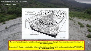 DELTA TERMINOLOGY: USES AND ABUSES
FAN DELTAS?
Nemec, 1990b
The term ‘fan delta’ applied to sedimentary succession is correct only if there are evidences on the nature of
the feeder system!
In short: only if we are sure that the delta was feeded by an alluvial fan it can be descripted as a FAN DELTA or
ALLUVIAL FAN DELTA
 