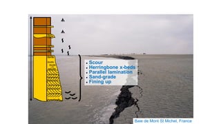 Baie de Mont St Michel, France
 Scour
 Herringbone x-beds
 Parallel lamination
 Sand-grade
 Fining up
 