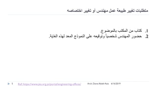 ‫اختصاصه‬ ‫تغيير‬ ‫أو‬ ‫مهندس‬ ‫عمل‬ ‫طبيعة‬ ‫تغيير‬ ‫متطلبات‬
.1‫بالموضوع‬ ‫المكتب‬ ‫من‬ ‫كتاب‬.
.2‫الغاية‬ ‫لهذه‬ ‫المعد‬ ‫النموذج‬ ‫على‬ ‫وتوقيعه‬ ‫ا‬‫ا‬‫شخصي‬ ‫المهندس‬ ‫حضور‬.
6/16/20195 Arch. Dania Abdel-AzizRef: https://www.jea.org.jo/portal/engineering-offices/
 