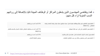 6/16/2019Arch. Dania Abdel-Aziz9
‫رواتبهم‬ ‫إلى‬ ‫باإلضافة‬ ‫تاليا‬ ‫المبينة‬ ‫الوظائف‬ ‫أو‬ ‫المراكز‬ ‫يشغلون‬ ‫الذين‬ ‫المهندسون‬ ‫ويتقاضى‬ ‫كما‬
‫منهم‬ ‫كل‬ ‫إزاء‬ ‫المئوية‬ ‫النسب‬:
https://www.jea.org.jo/portal/engineers-salary/
 
