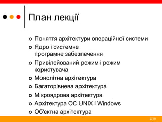 2/19
План лекції
 Поняття архітектури операційної системи
 Ядро і системне
програмне забезпечення
 Привілейований режим і режим
користувача
 Монолітна архітектура
 Багаторівнева архітектура
 Мікроядрова архітектура
 Архітектура ОС UNIX і Windows
 Об'єктна архітектура
 