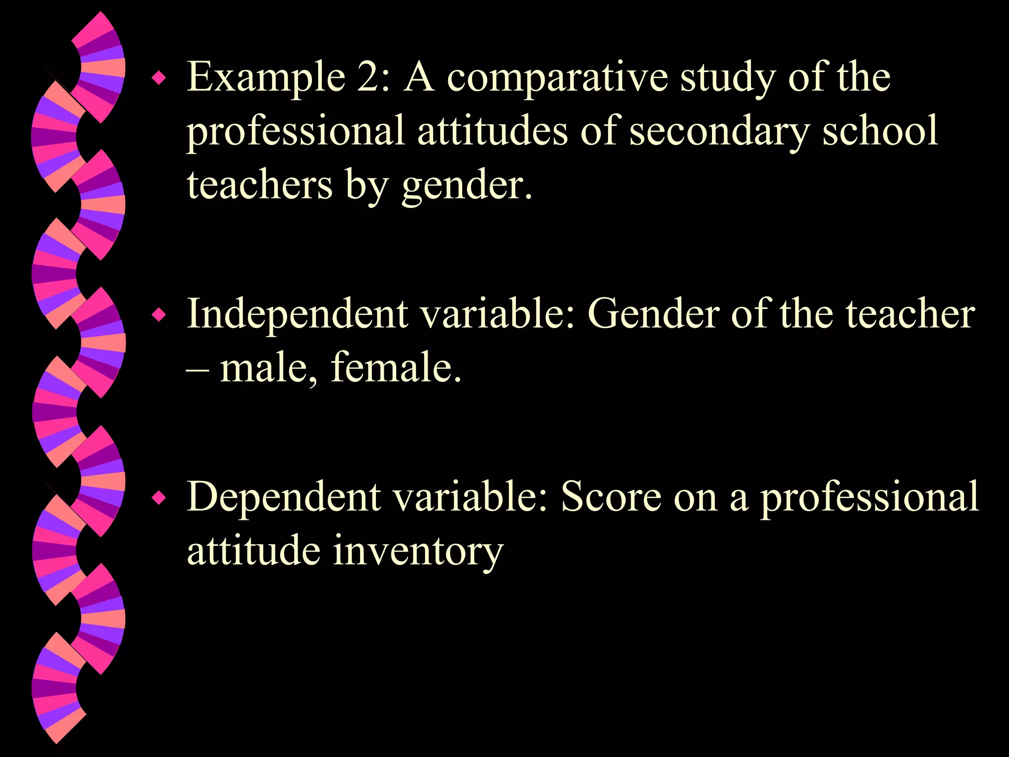  Example 2: A comparative study of the
professional attitudes of secondary school
teachers by gender.
 Independent variable: Gender of the teacher
– male, female.
 Dependent variable: Score on a professional
attitude inventory
 