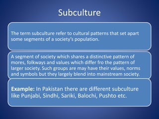 Subculture
The term subculture refer to cultural patterns that set apart
some segments of a society’s population.
A segment of society which shares a distinctive pattern of
mores, folkways and values which differ fro the pattern of
larger society. Such groups are may have their values, norms
and symbols but they largely blend into mainstream society.
Example: In Pakistan there are different subculture
like Punjabi, Sindhi, Sariki, Balochi, Pushto etc.
 