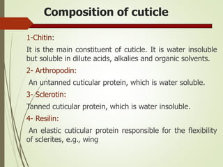 Composition of cuticle
1-Chitin:
It is the main constituent of cuticle. It is water insoluble
but soluble in dilute acids, alkalies and organic solvents.
2- Arthropodin:
An untanned cuticular protein, which is water soluble.
3- Sclerotin:
Tanned cuticular protein, which is water insoluble.
4- Resilin:
An elastic cuticular protein responsible for the flexibility
of sclerites, e.g., wing
 