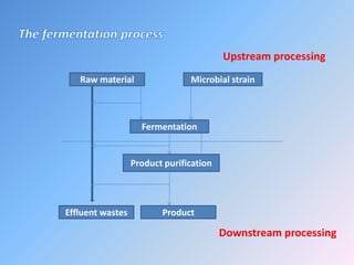 Raw material Microbial strain
Fermentation
Product purification
ProductEffluent wastes
Upstream processing
Downstream processing
 