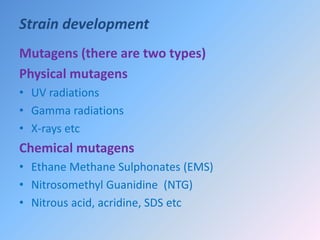 Strain development
Mutagens (there are two types)
Physical mutagens
• UV radiations
• Gamma radiations
• X-rays etc
Chemical mutagens
• Ethane Methane Sulphonates (EMS)
• Nitrosomethyl Guanidine (NTG)
• Nitrous acid, acridine, SDS etc
 