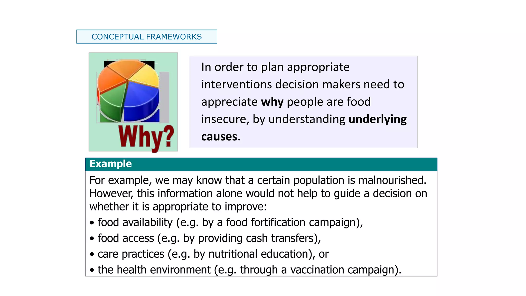 CONCEPTUAL FRAMEWORKS
Example
For example, we may know that a certain population is malnourished.
However, this information alone would not help to guide a decision on
whether it is appropriate to improve:
• food availability (e.g. by a food fortification campaign),
• food access (e.g. by providing cash transfers),
• care practices (e.g. by nutritional education), or
• the health environment (e.g. through a vaccination campaign).
In order to plan appropriate
interventions decision makers need to
appreciate why people are food
insecure, by understanding underlying
causes.
 
