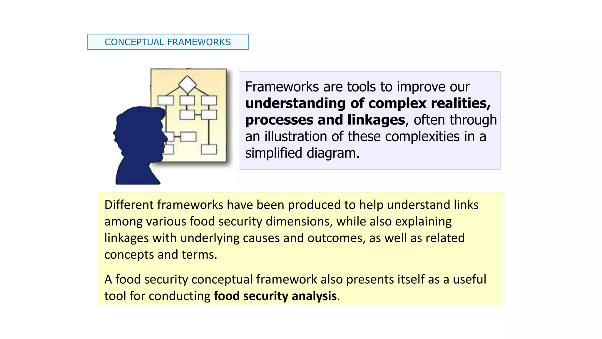 CONCEPTUAL FRAMEWORKS
Frameworks are tools to improve our
understanding of complex realities,
processes and linkages, often through
an illustration of these complexities in a
simplified diagram.
Different frameworks have been produced to help understand links
among various food security dimensions, while also explaining
linkages with underlying causes and outcomes, as well as related
concepts and terms.
A food security conceptual framework also presents itself as a useful
tool for conducting food security analysis.
 
