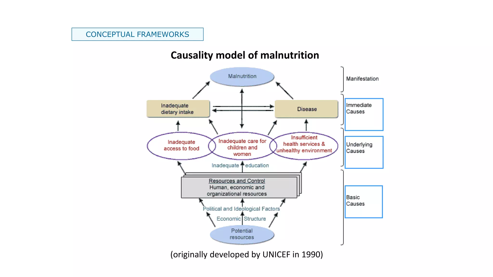 CONCEPTUAL FRAMEWORKS
Causality model of malnutrition
(originally developed by UNICEF in 1990)
 