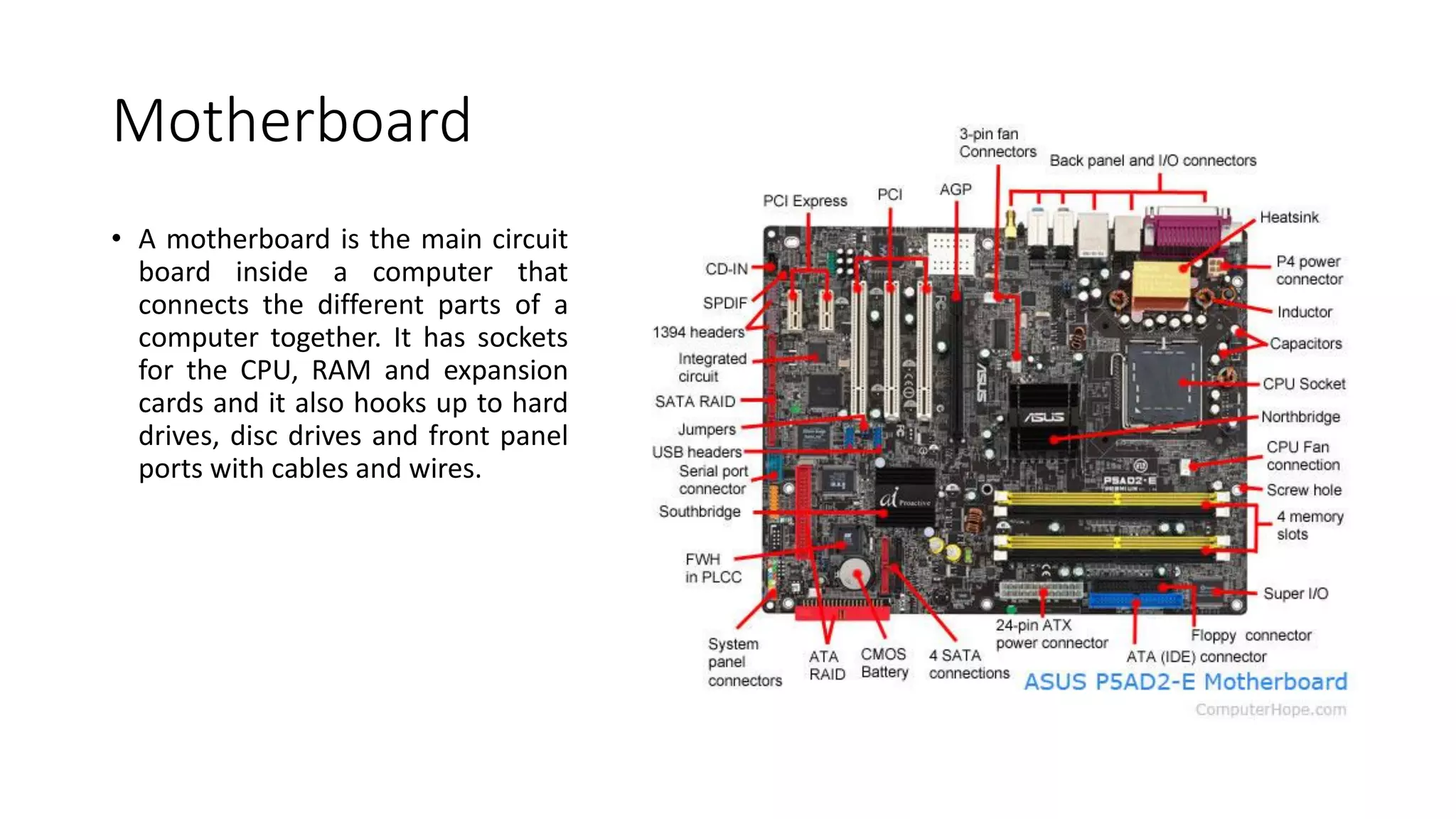 Motherboard
⢠A motherboard is the main circuit
board inside a computer that
connects the different parts of a
computer together. It has sockets
for the CPU, RAM and expansion
cards and it also hooks up to hard
drives, disc drives and front panel
ports with cables and wires.