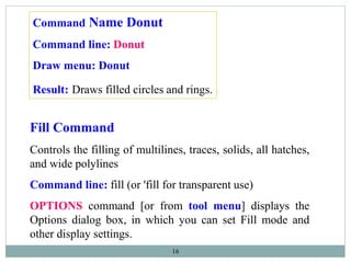 16
Command Name Donut
Command line: Donut
Draw menu: Donut
Result: Draws filled circles and rings.
Fill Command
Controls the filling of multilines, traces, solids, all hatches,
and wide polylines
Command line: fill (or 'fill for transparent use)
OPTIONS command [or from tool menu] displays the
Options dialog box, in which you can set Fill mode and
other display settings.
 
