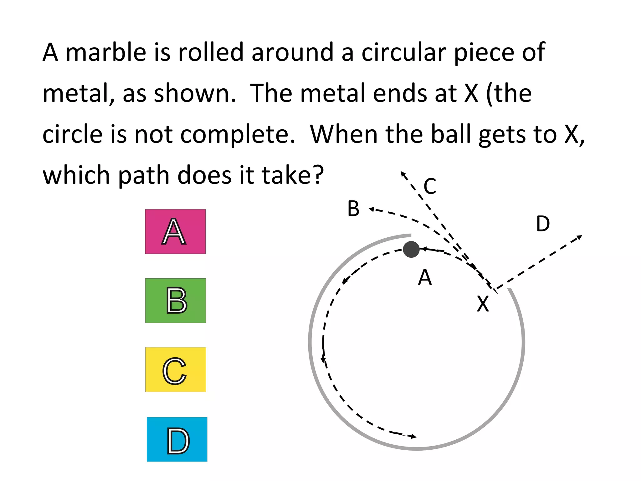 A	
  marble	
  is	
  rolled	
  around	
  a	
  circular	
  piece	
  of	
  
metal,	
  as	
  shown.	
  	
  The	
  metal	
  ends	
  at	
  X	
  (the	
  
circle	
  is	
  not	
  complete.	
  	
  When	
  the	
  ball	
  gets	
  to	
  X,	
  
which	
  path	
  does	
  it	
  take?	
  
B	
  
C	
  
D	
  
X	
  
A	
  
 