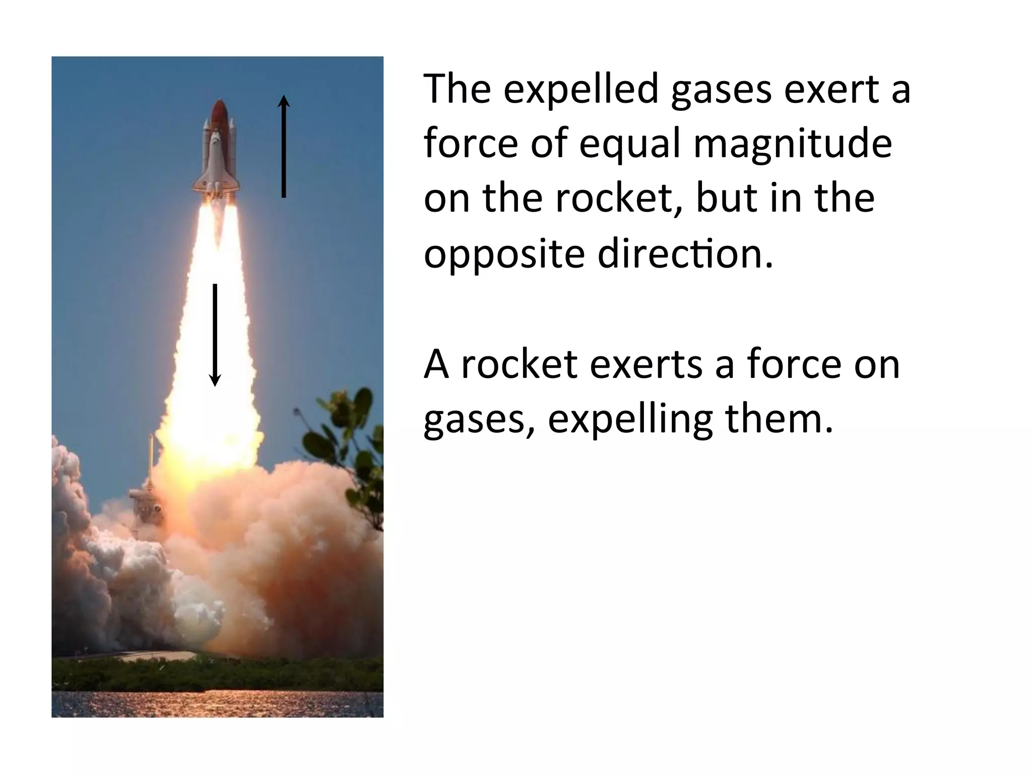 A	
  rocket	
  exerts	
  a	
  force	
  on	
  
gases,	
  expelling	
  them.	
  
The	
  expelled	
  gases	
  exert	
  a	
  
force	
  of	
  equal	
  magnitude	
  
on	
  the	
  rocket,	
  but	
  in	
  the	
  
opposite	
  direc2on.	
  
 
