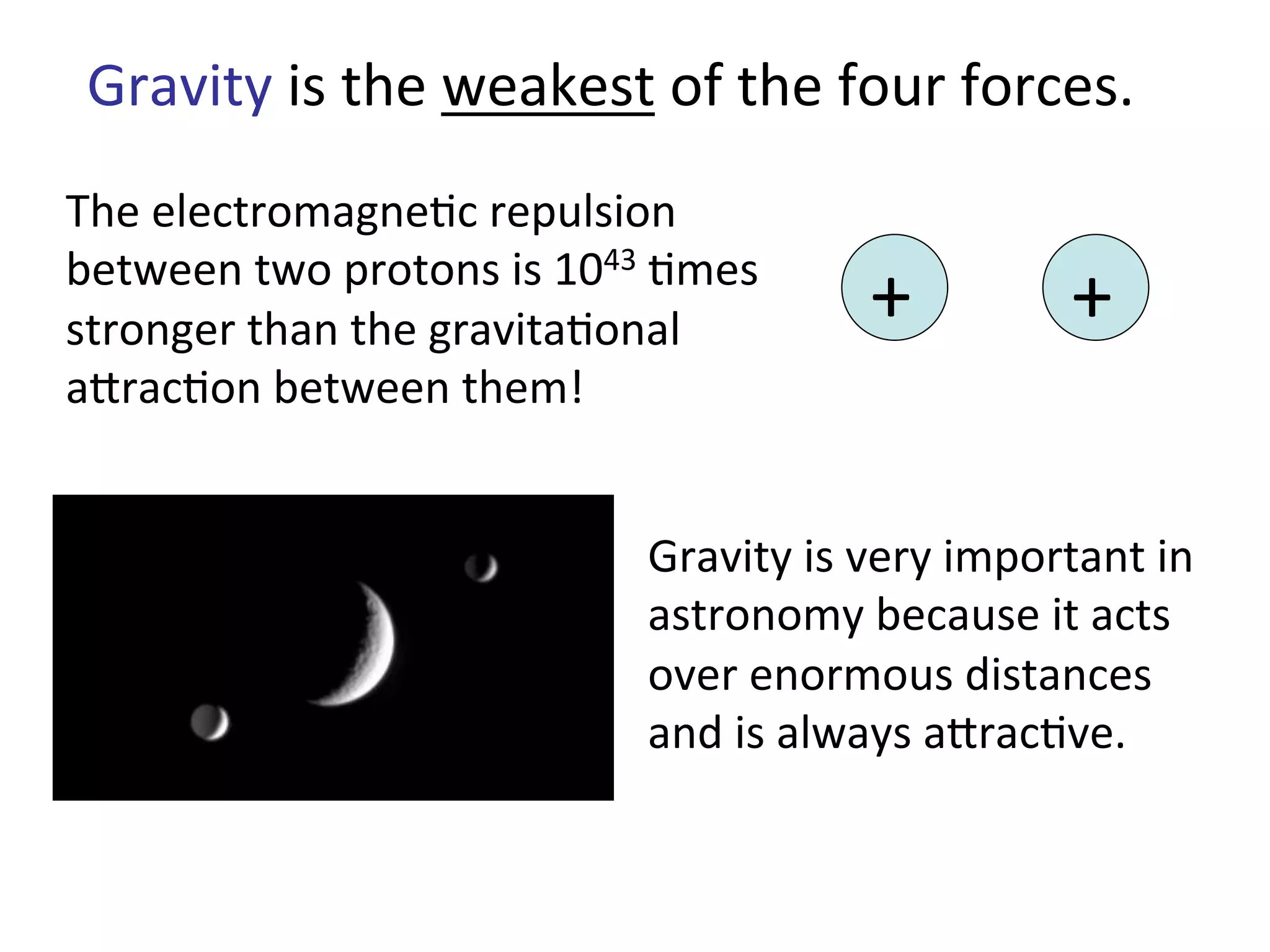 Gravity	
  is	
  the	
  weakest	
  of	
  the	
  four	
  forces.	
  
The	
  electromagne2c	
  repulsion	
  
between	
  two	
  protons	
  is	
  1043	
  2mes	
  
stronger	
  than	
  the	
  gravita2onal	
  
ajrac2on	
  between	
  them!	
  	
  
+	
   +	
  
Gravity	
  is	
  very	
  important	
  in	
  
astronomy	
  because	
  it	
  acts	
  
over	
  enormous	
  distances	
  
and	
  is	
  always	
  ajrac2ve.	
  
 