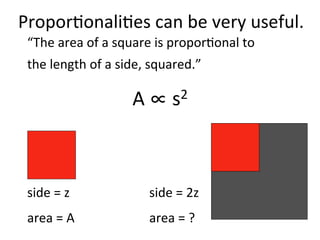 Propor2onali2es	
  can	
  be	
  very	
  useful.	
  
“The	
  area	
  of	
  a	
  square	
  is	
  propor2onal	
  to	
  	
  
the	
  length	
  of	
  a	
  side,	
  squared.”	
  
A	
  ∝	
  s2	
  
	
  
	
  
	
  
	
  
	
  
side	
  =	
  z 	
  side	
  =	
  2z	
  
area	
  =	
  A 	
  area	
  =	
  ?	
  
 
