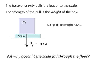  	
  	
  Scale	
  
Fgr	
  =	
  m	
  •	
  a	
  
m	
  
But	
  why	
  doesn’t	
  the	
  scale	
  fall	
  through	
  the	
  ﬂoor?	
  
A	
  2	
  kg	
  object	
  weighs	
  ~20	
  N.	
  
The	
  force	
  of	
  gravity	
  pulls	
  the	
  box	
  onto	
  the	
  scale.	
  
The	
  strength	
  of	
  the	
  pull	
  is	
  the	
  weight	
  of	
  the	
  box.	
  
 