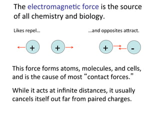 The	
  electromagne2c	
  force	
  is	
  the	
  source	
  
of	
  all	
  chemistry	
  and	
  biology.	
  
+	
   -­‐	
  
+	
   +	
  
Likes	
  repel…	
   …and	
  opposites	
  ajract.	
  
This	
  force	
  forms	
  atoms,	
  molecules,	
  and	
  cells,	
  
and	
  is	
  the	
  cause	
  of	
  most	
  “contact	
  forces.”	
  
While	
  it	
  acts	
  at	
  inﬁnite	
  distances,	
  it	
  usually	
  
cancels	
  itself	
  out	
  far	
  from	
  paired	
  charges.	
  
 