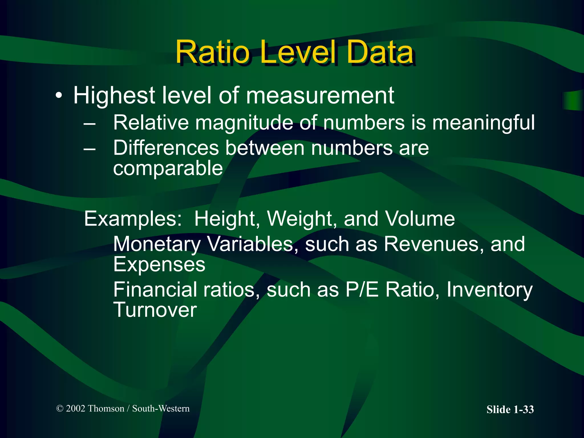 © 2002 Thomson / South-Western Slide 1-33
Ratio Level Data
• Highest level of measurement
– Relative magnitude of numbers is meaningful
– Differences between numbers are
comparable
Examples: Height, Weight, and Volume
Monetary Variables, such as Revenues, and
Expenses
Financial ratios, such as P/E Ratio, Inventory
Turnover
 
