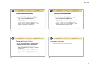 3/15/20
4
Engaging with stakeholders
Ø Over time, the nature of business’s relationship with its
stakeholders often evolve through a series of stages
§ Inactive – Companies ignore employees concerns
§ Reactive – companies act only when forced to do so, and then in a
defensive manner
§ Proactive – Companies try to anticipate employees concerns
§ Interactive –Companies actively engage employees in an ongoing
relationship of mutual respect, openness, and trust
2-13
13
Engaging with stakeholders
Ø Over time, the nature of business’s relationship with its
stakeholders often evolve through a series of stages
§ Inactive – Companies ignore customers concerns
§ Reactive – companies act only when forced to do so, and then in a
defensive manner
§ Proactive – Companies try to anticipate customers concerns
§ Interactive –Companies actively engage customers in an ongoing
relationship of mutual respect, openness, and trust
2-14
14
Engaging with stakeholders
Ø Over time, the nature of business’s relationship with its
stakeholders often evolve through a series of stages
§ Inactive – Companies ignore shareholders concerns
§ Reactive – companies act only when forced to do so, and then in a
defensive manner
§ Proactive – Companies try to anticipate shareholders concerns
§ Interactive –Companies actively engage shareholders in an
ongoing relationship of mutual respect, openness, and trust
2-15
15
Engaging with stakeholders
Ø Inactive – Companies ignore stakeholder concerns
2 - 16
16
 