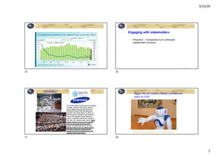 3/15/20
7
25
Engaging with stakeholders
§ Proactive – Companies try to anticipate
stakeholder concerns
2-26
26
The South Korean Government has Ministry
of Trade, Industry and Energy said the
$16.75 billion won ($14.8m, £9.57m)
investment would help manufacturers
compete with cheap labour in China. In
2018 Samsung developed high precision
robots with precision speed reducers,
motors, controllers and sensor encoders.
The plan, the ministry said, was for South
Korean robots to pick up work normally
done by low-wage Chinese workers.
Robots will eventually be put to work
making products such as mobile phones
and other consumer electronics that
require the level of precision often only
possible with human hands.
(Wired UK, 15/2/2016).
Proactive?
27
Aggie the Art Gallery Guide (sometimes
seen at UQ!)
http://www.artgallery.wa.gov.au/events_programs/aggie.asp
28
 