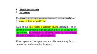 22
1. Steel-Linked chain
2. Wire rope
The above two types of catenary lines are conventionally used
for mooring floating platforms.
Each of the lines forms a catenary shape, depending on an
increase or decrease in line tension as it lifts off or settles on
the seabed, to produce a restoring force as the surface
platform is displaced by the environment.
Thus a spread of lines generates a nonlinear restoring force to
provide the station-keeping function.
 