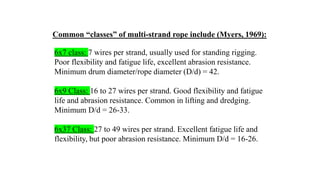 51
Common “classes” of multi-strand rope include (Myers, 1969):
6x7 class: 7 wires per strand, usually used for standing rigging.
Poor flexibility and fatigue life, excellent abrasion resistance.
Minimum drum diameter/rope diameter (D/d) = 42.
6x9 Class: 16 to 27 wires per strand. Good flexibility and fatigue
life and abrasion resistance. Common in lifting and dredging.
Minimum D/d = 26-33.
6x37 Class: 27 to 49 wires per strand. Excellent fatigue life and
flexibility, but poor abrasion resistance. Minimum D/d = 16-26.
 