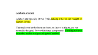 53
Anchors or piles:
Anchors are basically of two types, relying either on self-weight or
suction forces.
The traditional embedment anchors, as shown in figure, are not
normally designed for vertical force components. Holding power is
related to anchor weight and type of seabed.
 