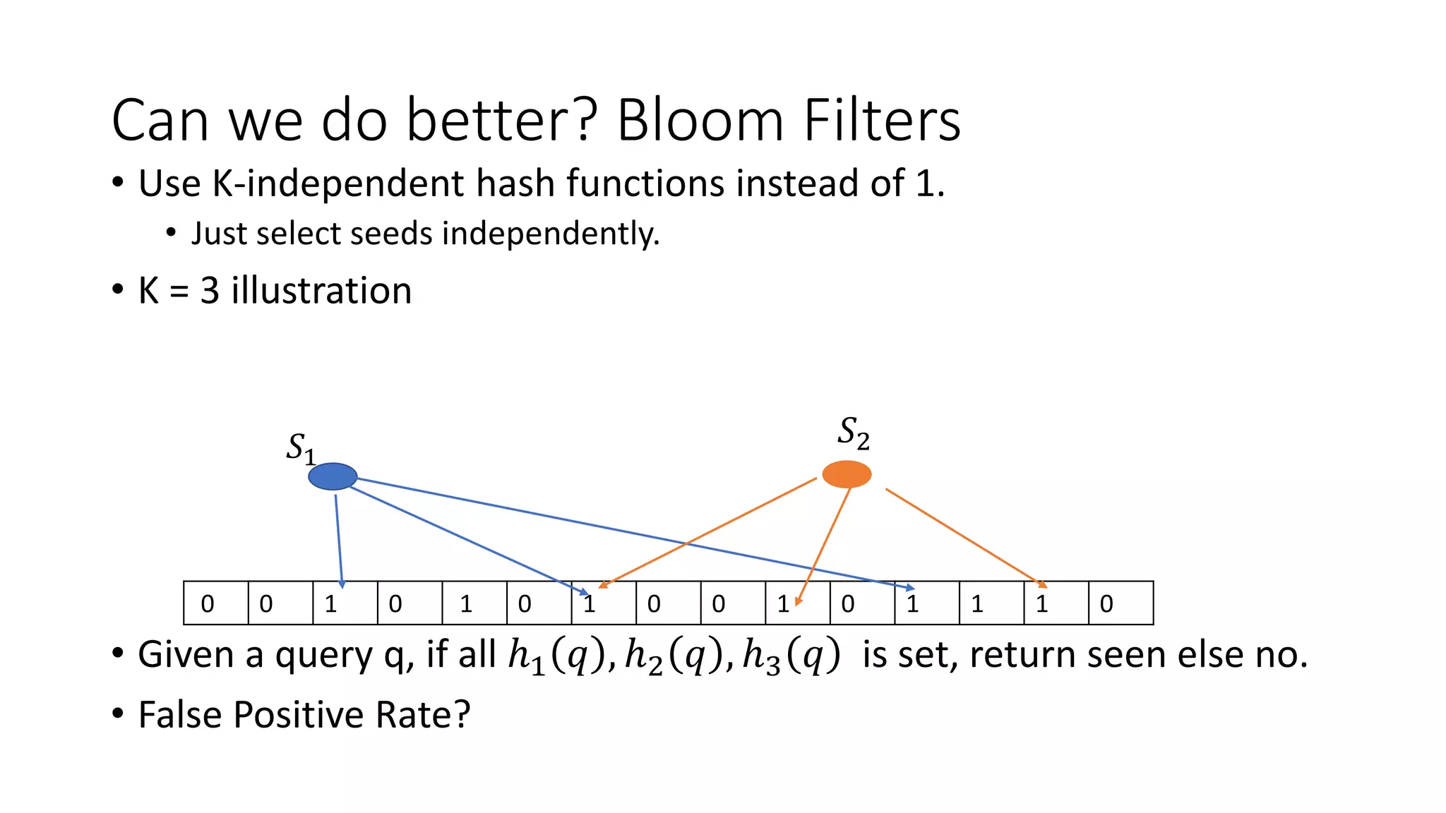 Can we do better? Bloom Filters
• Use K-independent hash functions instead of 1.
• Just select seeds independently.
• K = 3 illustration
• Given a query q, if all ℎ1 𝑞 , ℎ2 𝑞 , ℎ3 𝑞 is set, return seen else no.
• False Positive Rate?
0 0 1 0 1 0 1 0 0 1 0 1 1 1 0
𝑆1
𝑆2
 