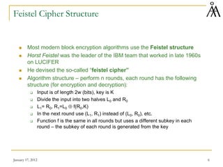 January 17, 2012 6
Feistel Cipher Structure
 Most modern block encryption algorithms use the Feistel structure
 Horst Feistel was the leader of the IBM team that worked in late 1960s
on LUCIFER
 He devised the so-called “feistel cipher”
 Algorithm structure – perform n rounds, each round has the following
structure (for encryption and decryption):
 Input is of length 2w (bits), key is K
 Divide the input into two halves L0 and R0
 L1= R0, R1=L0 ⊕ f(R0,K)
 In the next round use (L1, R1) instead of (L0, R0), etc.
 Function f is the same in all rounds but uses a different subkey in each
round – the subkey of each round is generated from the key
 