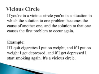If you're in a vicious circle you're in a situation in
which the solution to one problem becomes the
cause of another one, and the solution to that one
causes the first problem to occur again.
Example:
If I quit cigarettes I put on weight, and if I put on
weight I get depressed, and if I get depressed I
start smoking again. It's a vicious circle.
 