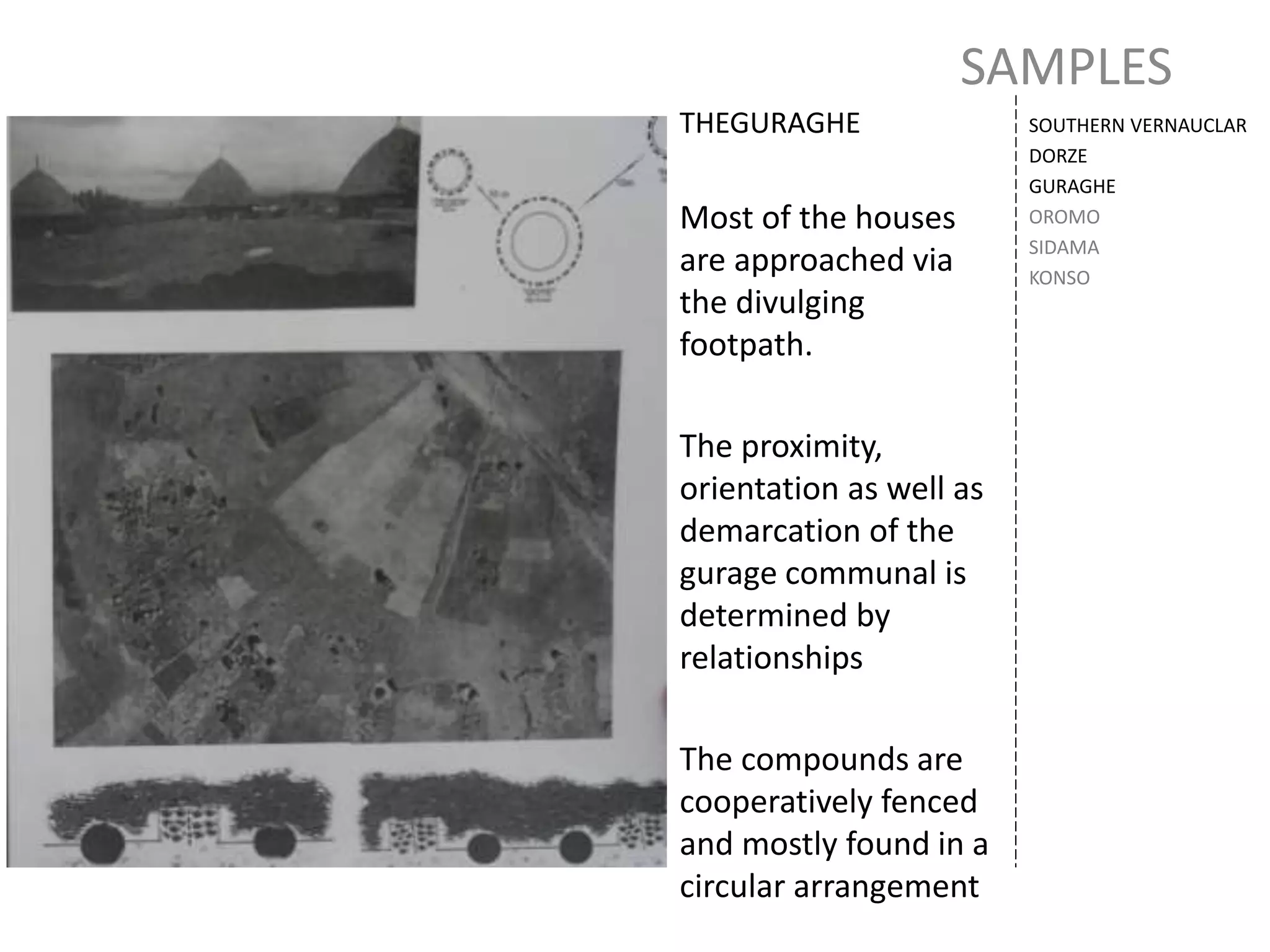 SAMPLES
SOUTHERN VERNAUCLAR
DORZE
GURAGHE
OROMO
SIDAMA
KONSO
THEGURAGHE
Most of the houses
are approached via
the divulging
footpath.
The proximity,
orientation as well as
demarcation of the
gurage communal is
determined by
relationships
The compounds are
cooperatively fenced
and mostly found in a
circular arrangement
 