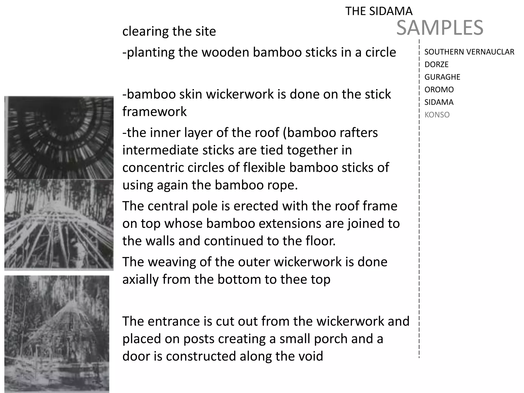 SAMPLES
SOUTHERN VERNAUCLAR
DORZE
GURAGHE
OROMO
SIDAMA
KONSO
THE SIDAMA
clearing the site
-planting the wooden bamboo sticks in a circle
-bamboo skin wickerwork is done on the stick
framework
-the inner layer of the roof (bamboo rafters
intermediate sticks are tied together in
concentric circles of flexible bamboo sticks of
using again the bamboo rope.
The central pole is erected with the roof frame
on top whose bamboo extensions are joined to
the walls and continued to the floor.
The weaving of the outer wickerwork is done
axially from the bottom to thee top
The entrance is cut out from the wickerwork and
placed on posts creating a small porch and a
door is constructed along the void
 