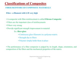 Classifications of Composites
Department Aeronautical Engineering,
PSNCET
FIBER REINFORCED COMPOSITE MATERIALS
Fibre - a filament with L/D very high
• A composite with fibre-reinforcement is called Fibrous Composite
• Fibers are the important class of reinforcements
• Fibers very strong
• Provide significant strength improvement to material
Ex: fiber-glass
• Continuous glass filaments in a polymer matrix
• Strength due to fibers
• Polymer simply holds them in place
• The performance of a fiber composite is judged by its length, shape, orientation, and
composition of the fibers and the mechanical properties of the matrix.
 