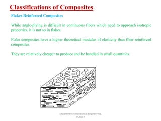 Classifications of Composites
Department Aeronautical Engineering,
PSNCET
Flakes Reinforced Composites
While angle-plying is difficult in continuous fibers which need to approach isotropic
properties, it is not so in flakes.
Flake composites have a higher theoretical modulus of elasticity than fiber reinforced
composites.
They are relatively cheaper to produce and be handled in small quantities.
 