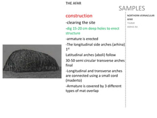 SAMPLES
NORTHERN VERNACULAR
AFAR
TIGRAY
AMHA RA
THE AFAR
construction
-clearing the site
-dig 15-20 cm deep holes to erect
structure
-armature is erected
-The longitudinal side arches (arhina)
1st
Latitudinal arches (aboli) follow
30-50 semi circular transverse arches
final
-Longitudinal and transverse arches
are connected using a small cord
(maderto)
-Armature is covered by 3 different
types of mat overlap
 