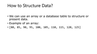 How to Structure Data?
• We can use an array or a database table to structure or
present data.
• Example of an array:
• [80, 85, 90, 95, 100, 105, 110, 115, 120, 125]
 