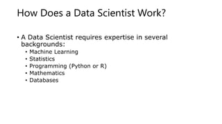 How Does a Data Scientist Work?
• A Data Scientist requires expertise in several
backgrounds:
• Machine Learning
• Statistics
• Programming (Python or R)
• Mathematics
• Databases
 