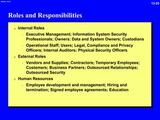 13-25
2/6/2024 09:19
Roles and Responsibilities
0 Internal Roles
- Executive Management; Information System Security
Professionals; Owners: Data and System Owners; Custodians
- Operational Staff; Users; Legal, Compliance and Privacy
Officers; Internal Auditors; Physical Security Officers
0 External Roles
- Vendors and Supplies; Contractors; Temporary Employees;
Customers; Business Partners; Outsourced Relationships;
Outsourced Security
0 Human Resources
- Employee development and management; Hiring and
termination; Signed employee agreements; Education
 