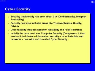 13-3
2/6/2024 09:19
Cyber Security
0 Security traditionally has been about CIA (Confidentiality, Integrity,
Availability)
0 Security now also includes areas like Trustworthiness, Quality,
Privacy
0 Dependability includes Security, Reliability and Fault Tolerance
0 Initially the term used was Computer Security (Compusec); it then
evolved into Infosec – Information security – to include data and
networks – now with web its called Cyber Security
 